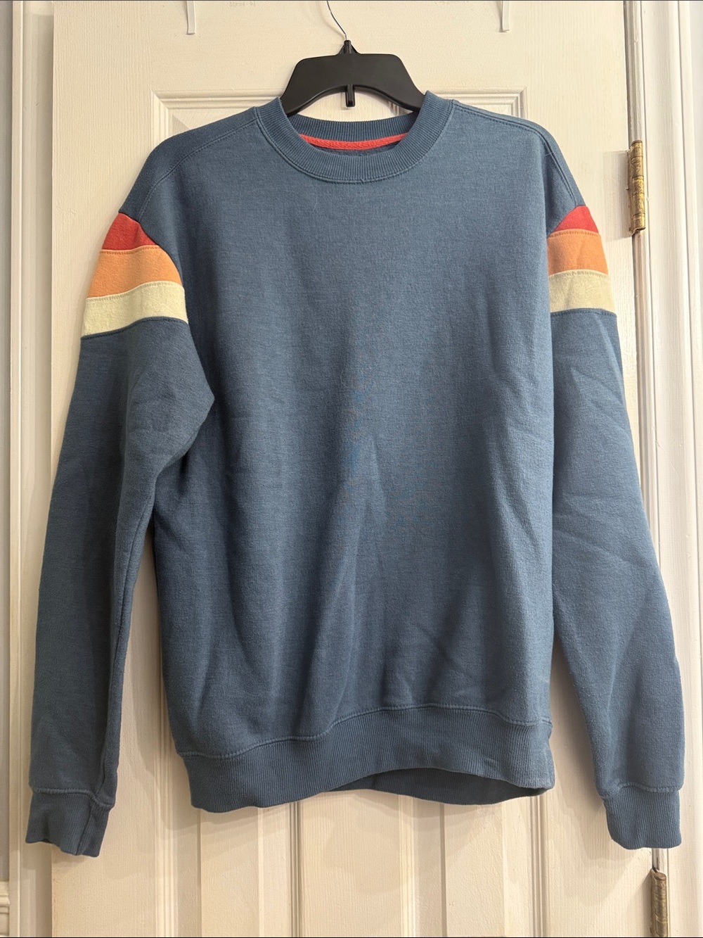 Men's Blue Crewneck Sweater with Red, Orange & Cream Shoulder Stripes size M